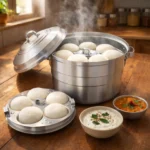 Aluminium idli maker steamer with lid and three idli plates placed on a kitchen countertop, traditional Indian idli cooking vessel set.