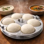 Aluminium idli maker steamer with lid and three idli plates placed on a kitchen countertop, traditional Indian idli cooking vessel set.