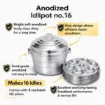 Aluminium idli maker steamer with lid and three idli plates placed on a kitchen countertop, traditional Indian idli cooking vessel set.