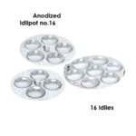 Aluminium idli maker steamer with lid and three idli plates placed on a kitchen countertop, traditional Indian idli cooking vessel set.
