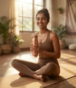 Pure copper water bottle on marble countertop with tulsi leaves and lemon slices in warm kitchen lighting