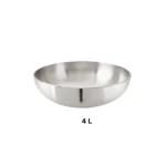 4 L Hindalium aluminium kadai without handle on white background, polished aluminium cooking vessel.