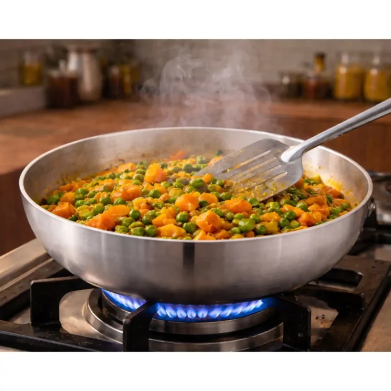 Hindalium aluminium kadai without handle placed on kitchen countertop, polished aluminium cooking vessel.
