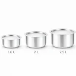Three stainless steel tope cooking vessels set with capacities 1.6 liter, 2 liter and 2.5 liter on white background