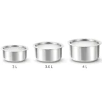 Three stainless steel tope cooking vessels set with capacities 4.5 liter, 5 liter and 6 liter on white background