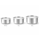 Three stainless steel tope cooking vessels set with capacities 3 liter, 3.6 liter and 4 liter on white background