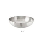 3 L Hindalium aluminium kadai without handle on white background, polished aluminium cooking vessel.