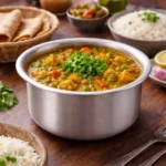 Stainless steel tope cooking vessel with lid placed on wooden kitchen counter, polished finish Indian kitchen cookware