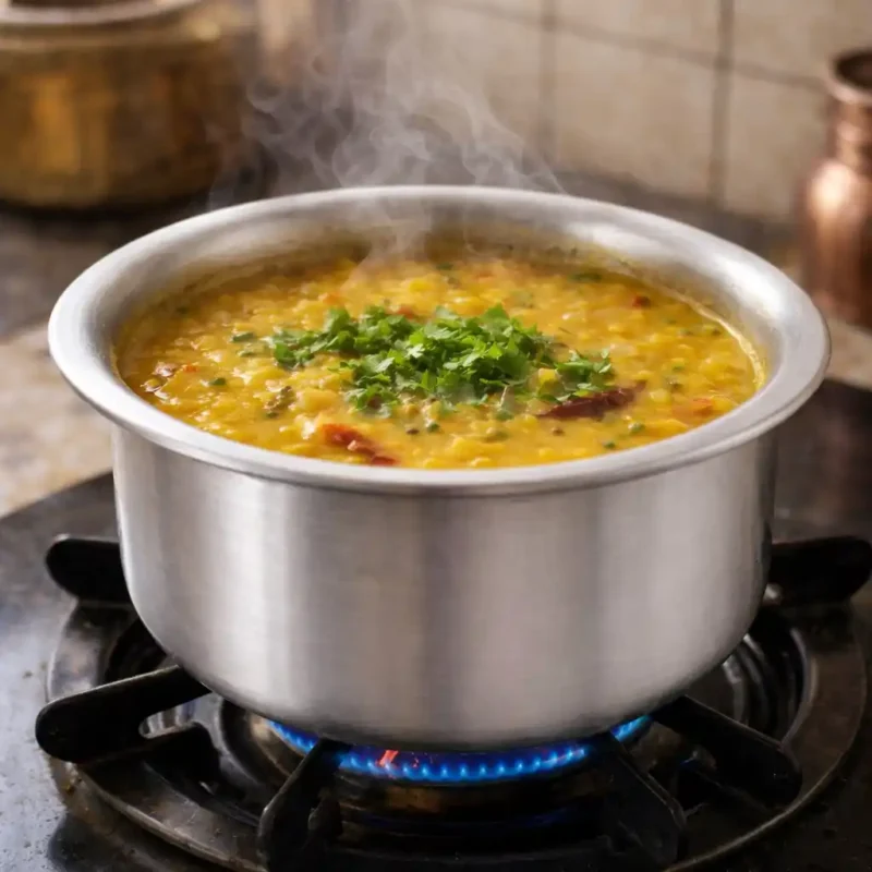 Premium stainless steel tope with lid, perfect for boiling milk, cooking dal, vegetables, and daily Indian meals.