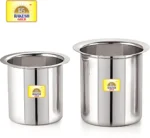 Stainless steel multipurpose milk tope (tapeli/bhagona) front and back view – Rakesh Gold brand”