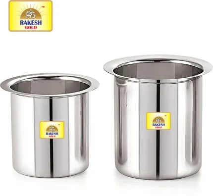 Stainless steel multipurpose milk tope (tapeli/bhagona) front and back view – Rakesh Gold brand”