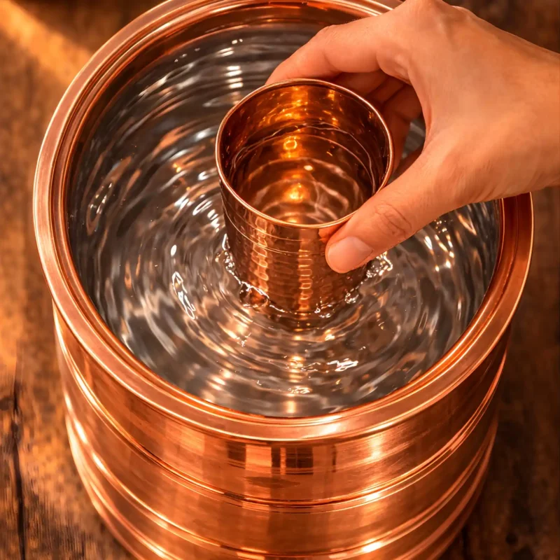 Polished copper water storage container with lid isolated on light background