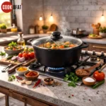 Premium cast iron Dutch oven with glass lid on modern kitchen countertop