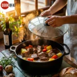 Premium cast iron Dutch oven with glass lid on modern kitchen countertop