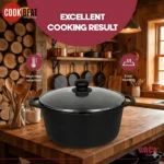 Premium cast iron Dutch oven with glass lid on modern kitchen countertop