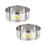 Stainless steel food-grade ganj tope set with polished finish and Rakesh Gold branding, durable and rust-resistant kitchen utensil