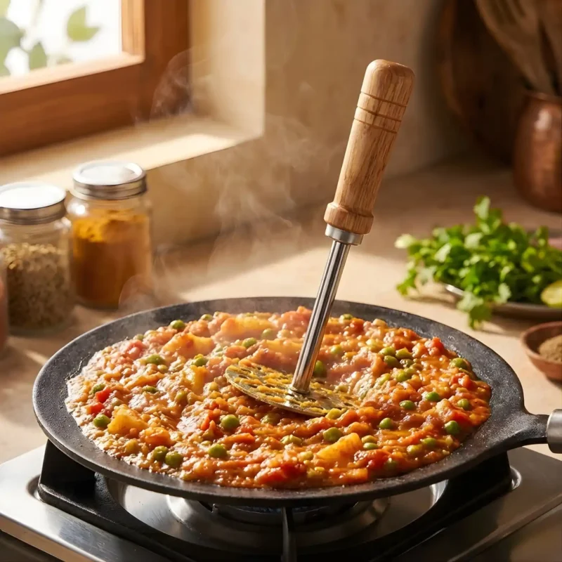 Stainless steel potato masher with wooden handle in kitchen