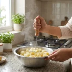 Stainless steel potato masher with wooden handle in kitchen