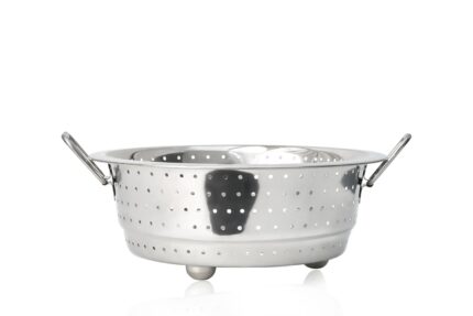 Stainless Steel Rice Strainer for Kitchen (Regular) | Steel Colander for Washing Vegetables, Fruits, Rice, Pulses, Noodles and Pasta (with Stand and Handles)