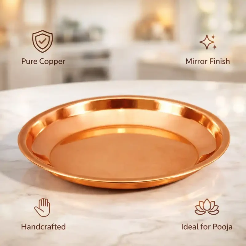 Pure copper pooja thali plate with polished finish for aarti and पूजा rituals