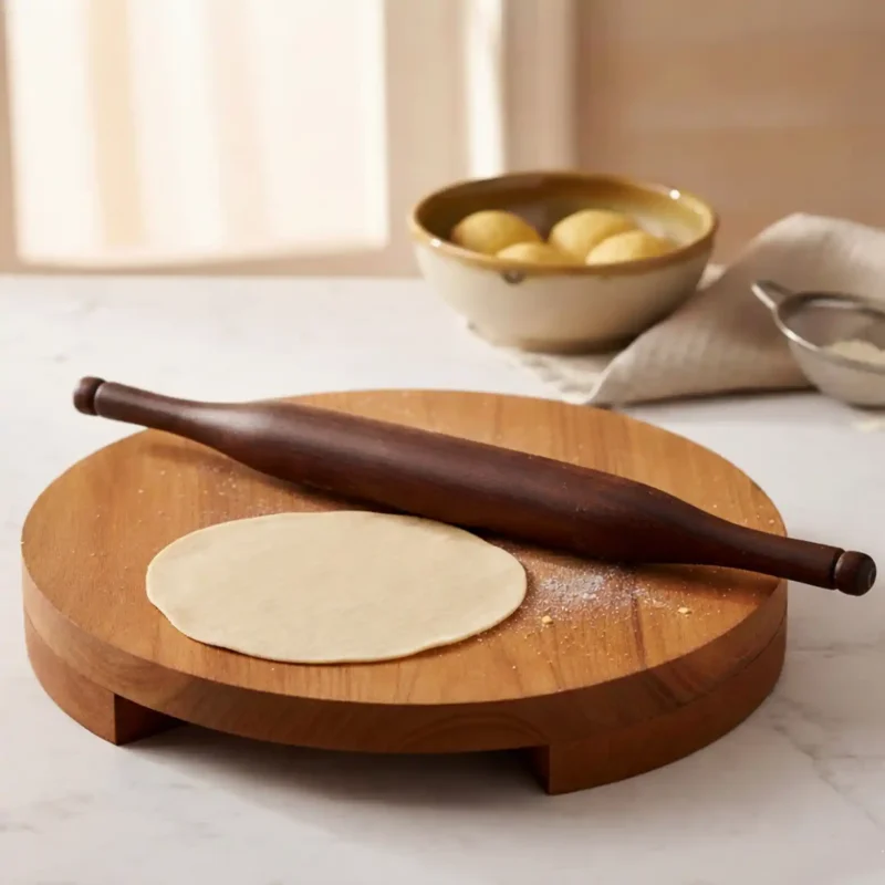 Wooden rolling board with belan and rolled dough on polpat used for making roti and chapati in kitchen setup