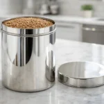 Premium stainless steel storage container with lid, mirror finish kitchen storage jar for tea, coffee, sugar and grains.