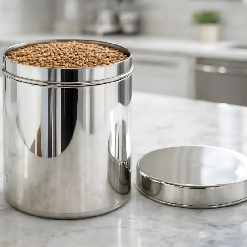 Premium stainless steel storage container with lid, mirror finish kitchen storage jar for tea, coffee, sugar and grains.