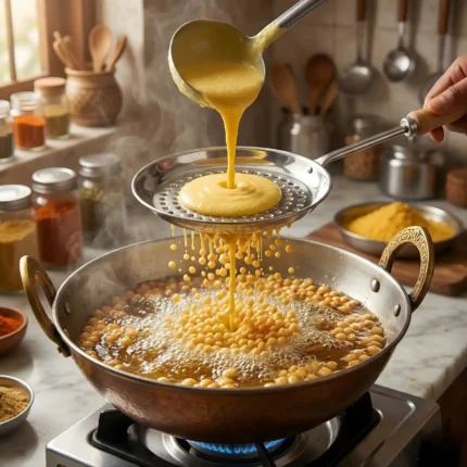 Boondi Jhara with Wooden Handle stainless steel frying oil skimmer for boondi and pakora