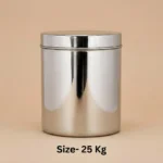 Stainless steel 25 kg storage container with lid for storing wheat, rice, flour and grains in kitchen pantry