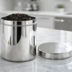 Premium stainless steel storage container with lid, mirror finish kitchen storage jar for tea, coffee, sugar and grains.