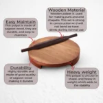 Wooden rolling board with belan and rolled dough on polpat used for making roti and chapati in kitchen setup